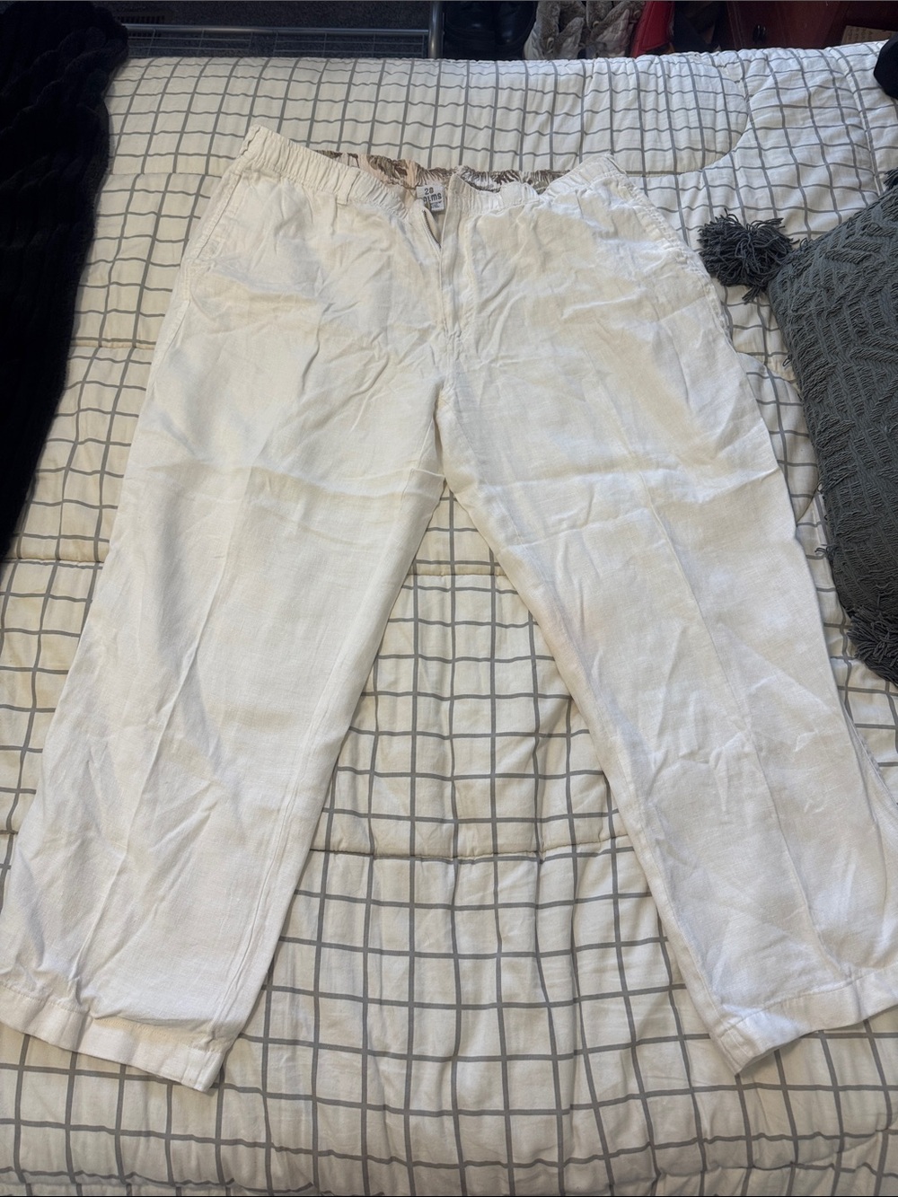 Men's White Linen-Blend Elastic Waist Chinos